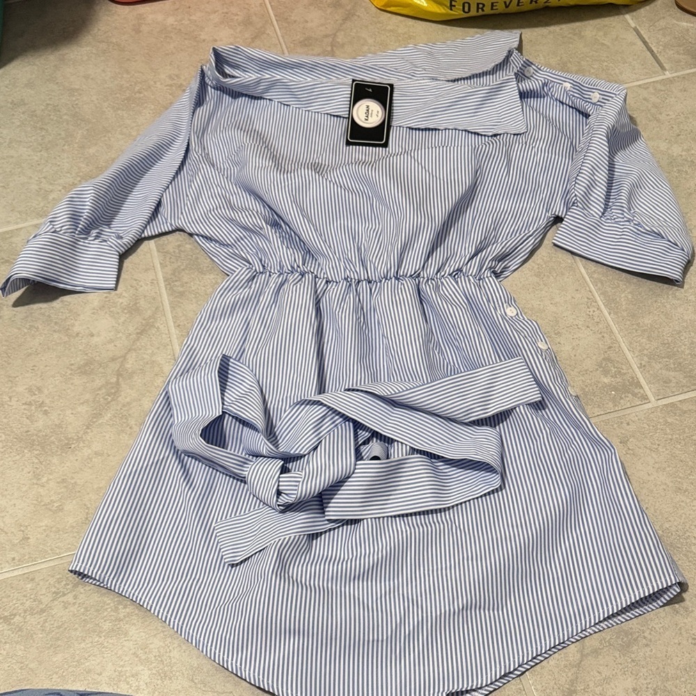Blue Striped Off-Shoulder Dress